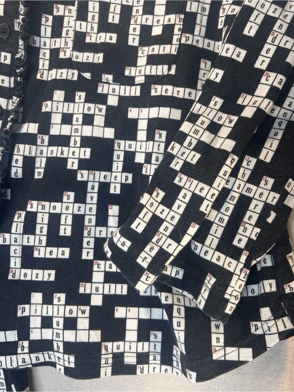 Cabernet Lounge Petite Pajama Set Large Black Crossword Print Long Sleeve Cotton